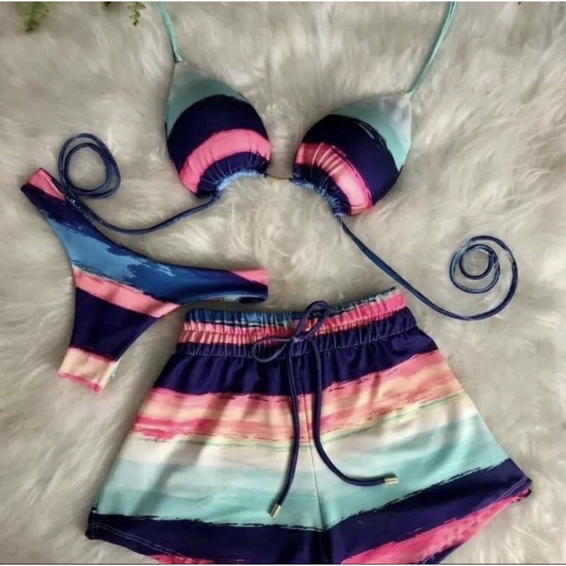 Biquini kit 3 pecas triquini biquini short Cortininha Bojo removível Short Verão 2023 Oferta oi