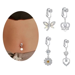 Faux Belly Prata Cristal Falso Piercing De Barriga Borboleta Clip On Umbilical Umbigo Sem Pircing Cartilagem Ouvido Clipe