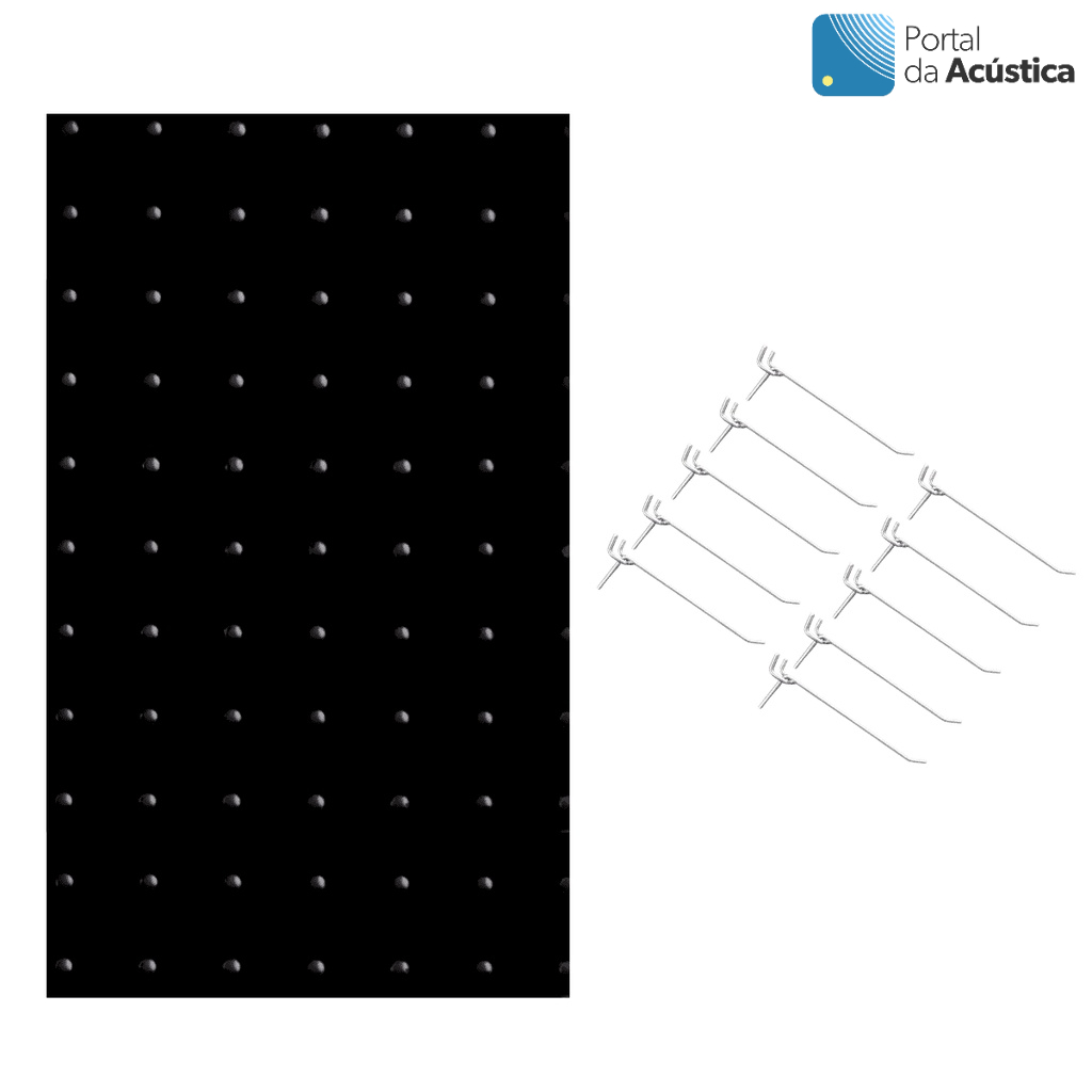 Chapa Perfurada Reta Pegboard 122cm x 61cm x 3,0 mm - Preto + 10 Ganchos de 5cm