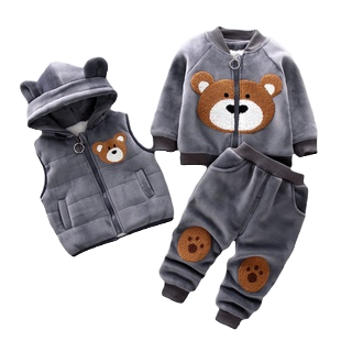 2022 Outono Inverno Menina Fashion Cartoons Bear Hooded Warm Plus Colete De Veludo + Trousers 3Pcs Baby Girls Set Casual Boys Tracksuit