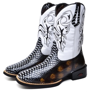 Bota Texana Country Masculina Em Couro Estampa Jacaré Cano Alto Bordado Bico Quadrado