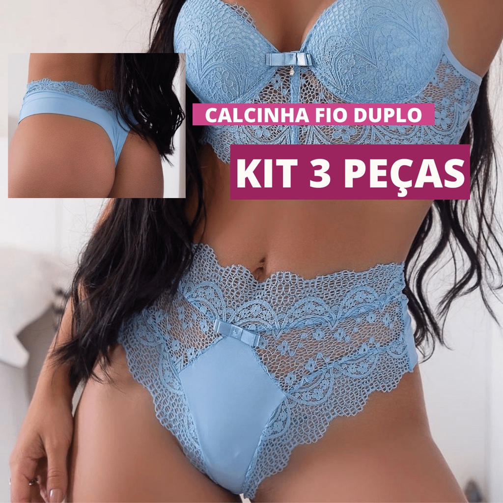 Kit 3 Calcinha Cinta Tendência Fio Dental Duplo em microfibra e renda  Poliamida