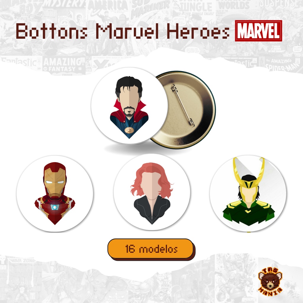 Bottons Marvel Heroes Coleção Bustos - Tamanhos 2,5 cm, 3,5 cm e 4,5 cm ...