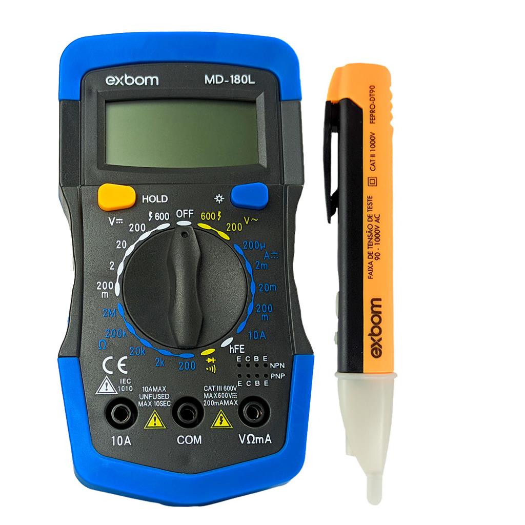 Multimetro Digital Profissional Portatil Exbom Md-180L E Caneta Teste de voltagem Exbom