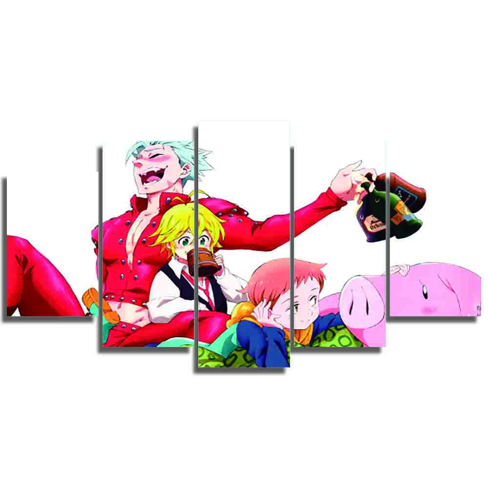 Quadro Decorativo 5 peças Mosaico quite kit Modular Painel Nanatsu no Taizai Sete Pecados Capitais Meliodas Diane Ban Harlequim Gowther Merlin Escanor Elizabeth hawk Elaine Zeldris Quarto Sala Escritório Lindo para Presente fah