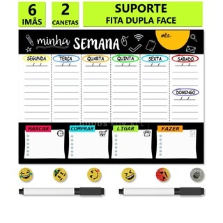 Quadro Lousa Para Organizar Semana Mês Planner Planejador Semanal Mensal + 6 Imãs 2 Canetas 1 Suporte