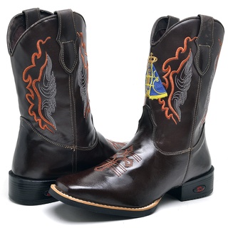 Bota Texana Country Masculina Em Couro Legitimo Cano Longo Bordado Nossa Senhora