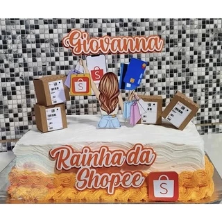 Topo de Bolo - Topper de Bolo Personalizado Aniversário Shopee Nome em Camadas