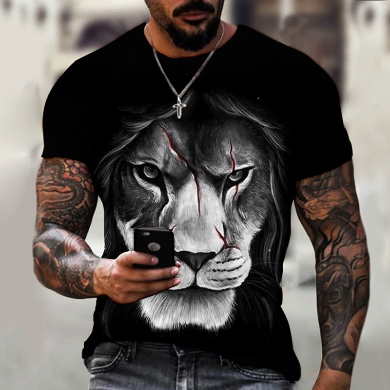 Camiseta Masculina De Manga Curta Com Estampa De Leão 3D/Lobo/Gola