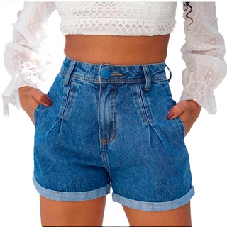 Short Feminino, Short Jeans Cintura Alta Com Bolso real