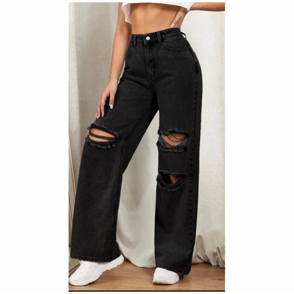 Calça Jeans Wide Leg Pantalona Destroyed Rasgada No Joelho Cintura