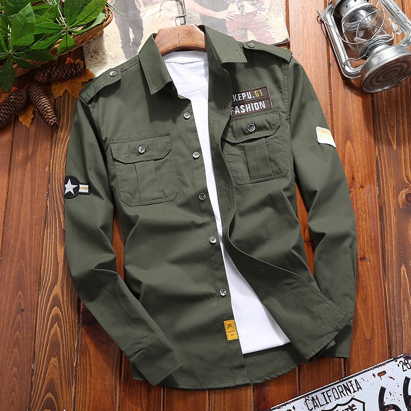 Camisa De Algodão Verde Militar Masculino/Manga Longa/Azul Marinho/Estilo Streetwear