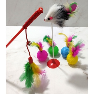 Combo 4 Bolinhas c/ Penas e Guizo + 1 Ratinho Fixador + 1 Varinha Elástica - Brinquedos Pet P/ Gatos