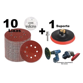 kit 10 Discos de Lixa 125mm (5") 8 Furos com Pluma + 1 Suporte e Adaptador P/ Politriz Lixadeira E Furadeiras Diversos Grãos