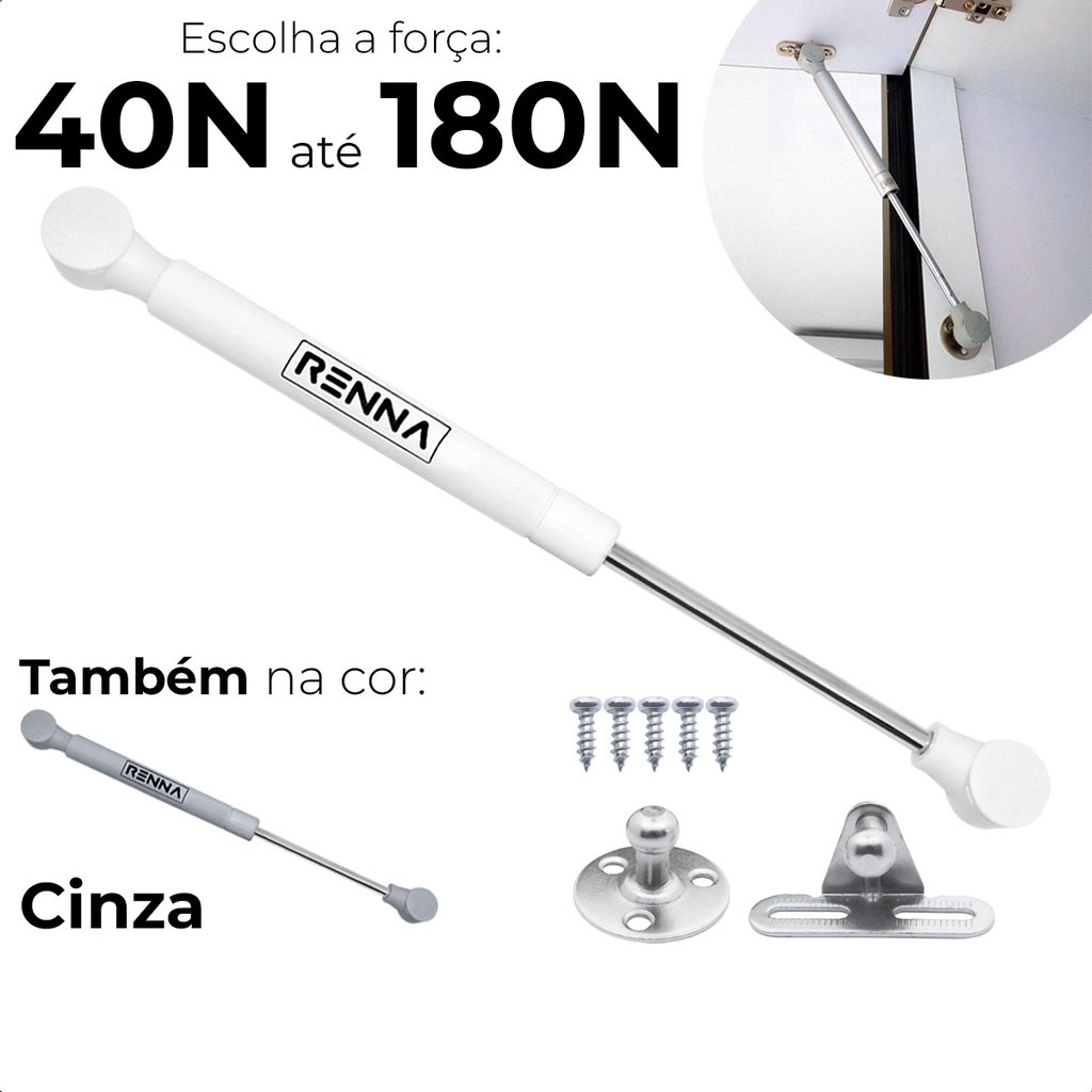 1x Pistão A Gás p/ Portas De Moveis Armário 40N | 60N | 80N | 100N | 120N |150N | 180N BRANCO OU CINZA