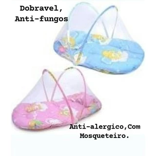 Berço portátil colchonete dobrável com mosqueteiro grande 75x40cm menino menina