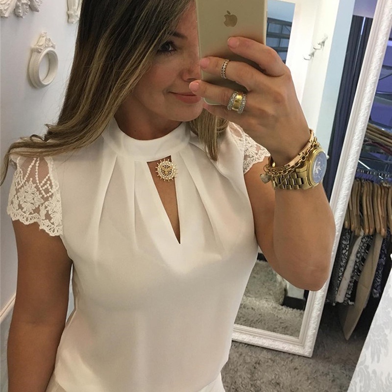 Blusa de manga curta de verão elegante com decote em V feminino