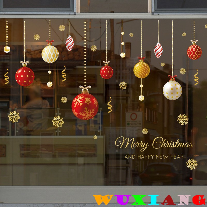 【 wuxiang 】 Adesivos De Parede De Natal Loja De Vidro Dourado Pingente De Bola Colorida