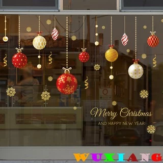 【 wuxiang 】 Adesivos De Parede De Natal Loja De Vidro Dourado Pingente De Bola Colorida