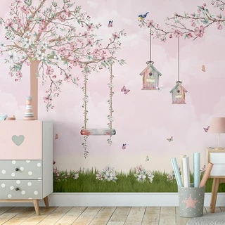 Papel de Parede Infantil Jardim Encantado Rosa Árvore e Balanço Para Quarto de Bebê e Menina