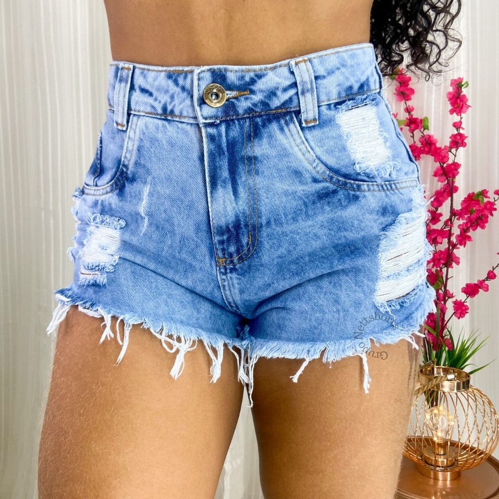 Shorts Jeans Feminino Cintura Alta Desfiado Hot Pants St003