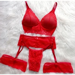 Conjunto Lingerie Com Cinta Liga De Renda