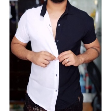 Camisa Slim Unissex Masculina Feminina Viscose Slim Fit Metade Preta E ...