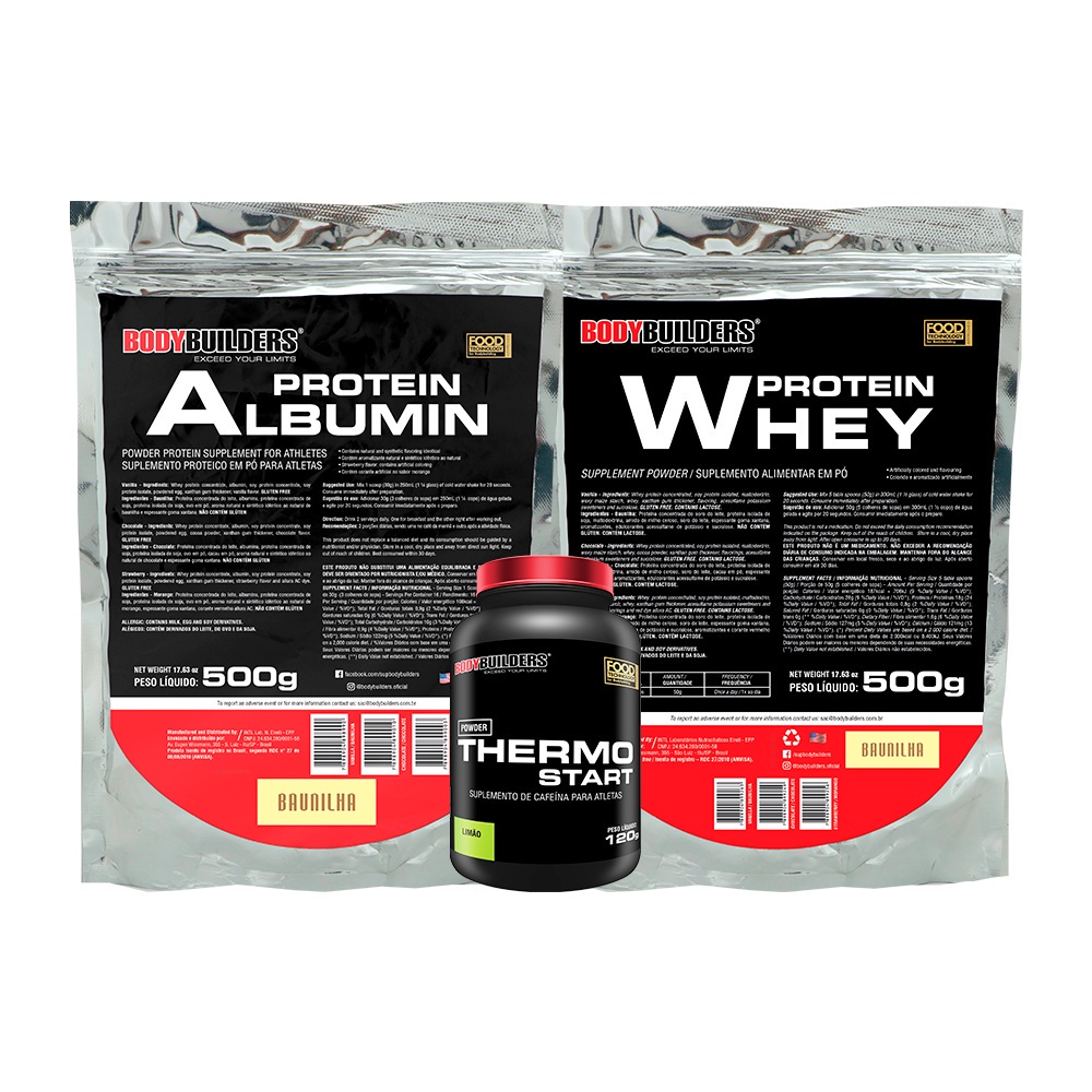 KIT Albumina 500g, Whey Protein 500g, Thermo Start 120g Limão – Bodybuilders