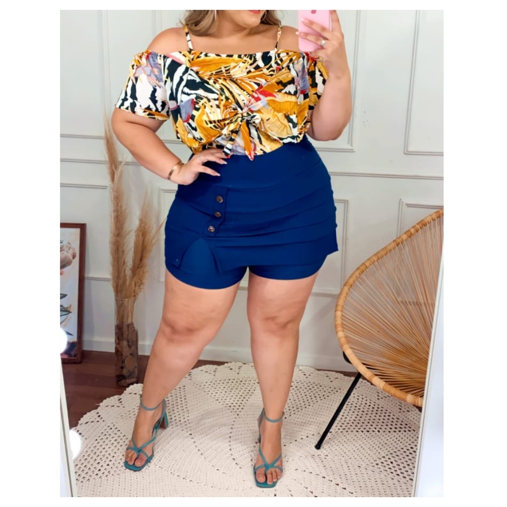 Conjunto Plus Size short Saia Bengaline Blusa Crepe Feminink