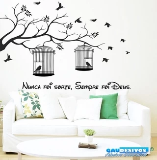 Adesivo Decorativo De Parede Árvore Com Gaiolas E Frase