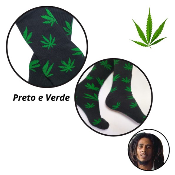 Meia com Estampa de Folha de Maconha - Hemp, Cannabis, Marijuana Cano Alto