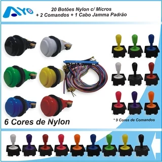 Kit 20 Botões Arcade Nylon C/ Micros + 2 Comandos + 1 Cabo Jamma