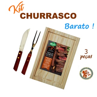 Jogo Churrasco 3 peças Slim Grande de Madeira Pinus com Garfo e