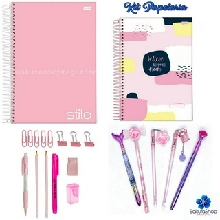 Kit Papelaria Tons de Rosa Fofa Kawaii Cor Rosa Escolar Neon Pastel
