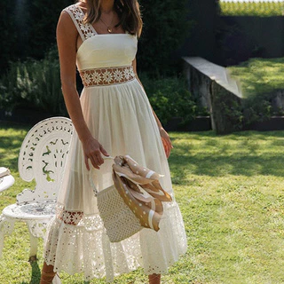 Algodão Branco Lace Oco Out Mulher Vestido Longo Backless Spaghetti Strap Cintura Alta 2021 Verão Vestidos Confortáveis Das Mulheres