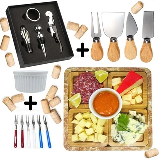 Kit Petisqueira Quadrada Madeira + 4 Facas Queijo + 4 Peças Vinho Com Molheira Ramekin e Garfinhos p/ Petisco