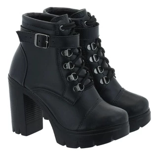 Coturno bota feminino mulher salto grosso alto plataforma tratorado preto e branco com fivela metálica removível