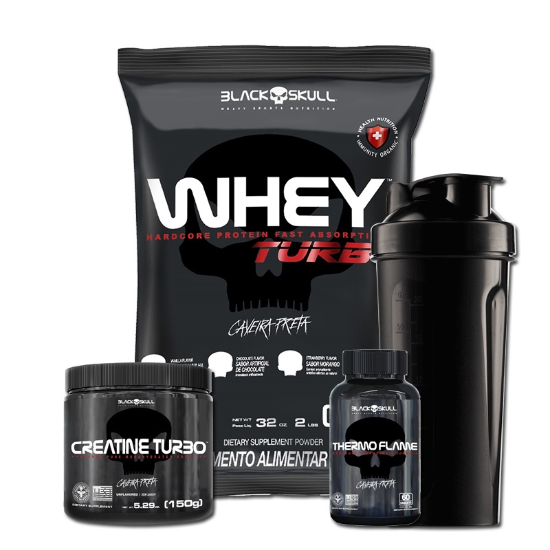 Kit Whey Turbo 907g + Thermo Flame 60 Tabs + Creatina Turbo 150g + Coqueteleira – Black Skull