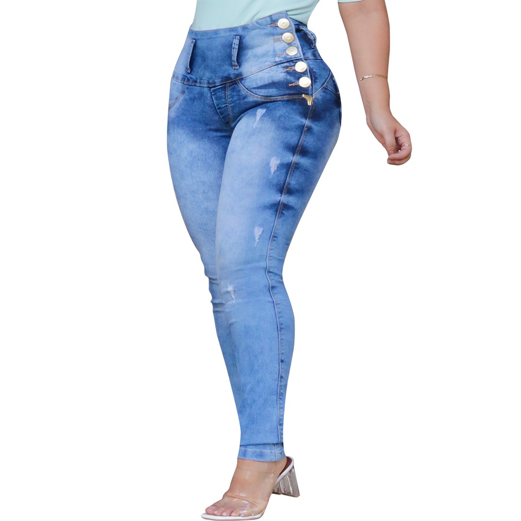 Calca Jeans Azul 10 Botões Bordada Marca Linda Cós Alto Cintura