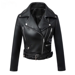 Preto Faux Mulheres Jaqueta De Couro Primavera Outono Curto Soft Pu Jaquetas De Couro Com Cinto Com Zíper Moto Motociclista Casaco