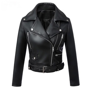 Preto Faux Mulheres Jaqueta De Couro Primavera Outono Curto Soft Pu Jaquetas De Couro Com Cinto Com Zíper Moto Motociclista Casaco