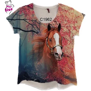 Blusa Feminina Floresta Country Colorida Cavalo Marrom C1962