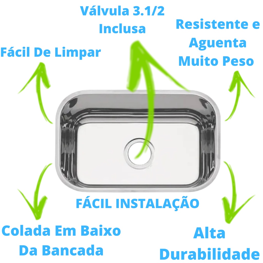 Cuba Inox Cozinha 46x30x14cm Retangular N°1 Pia De 20 Litros Aço AISI ...