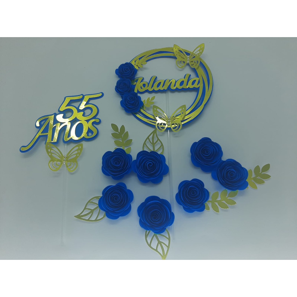 Topo de Bolo flores cor azul royal personalizado | Shopee Brasil