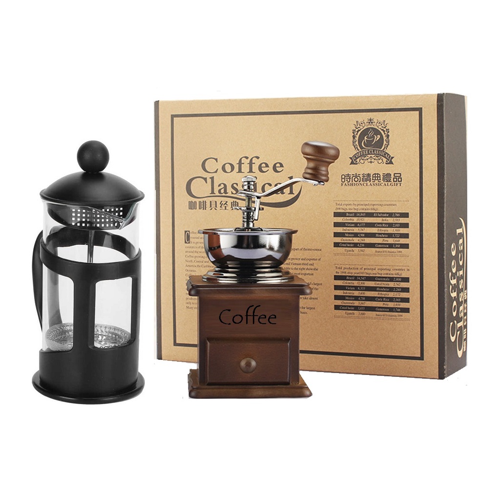 Kit Prensa Francesa 350ml + Moedor de Café para Grãos Cafeteira