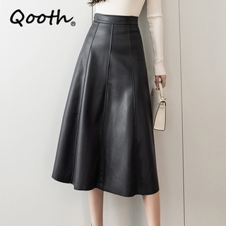 Qooth Spring Autumn Faux Leather Maxi Saias Elegantes Saia De Moda Coreana De Cintura Alta Guarda-Chuva Chique Com Linha A QT1367
