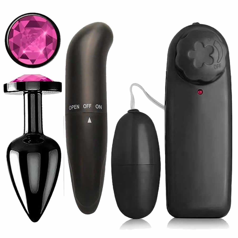 Kit Vibrador Feminino Ponto G Bullet e Plug Anal Preto Jóia Sex Shop