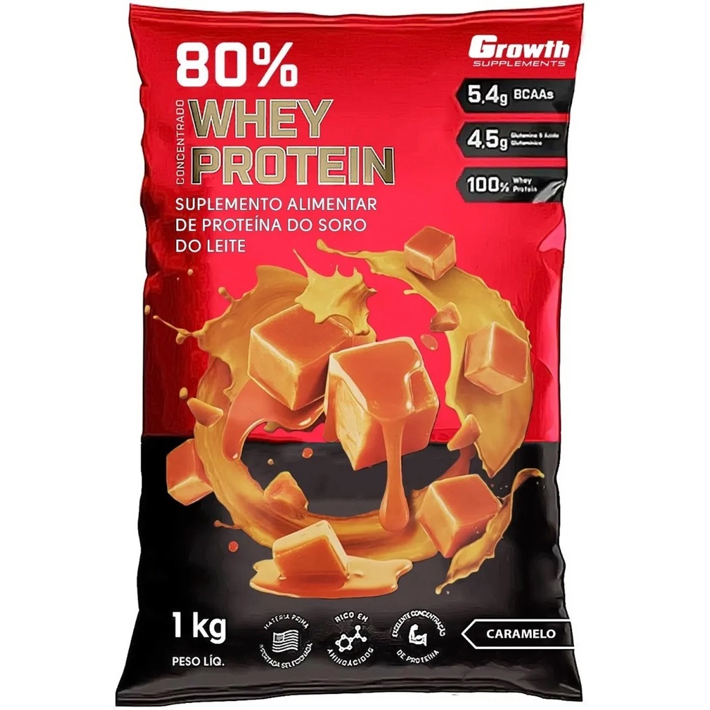 Whey Protein Caramelo 80% Proteína Concentrado 1Kg Growth Suplementos Original