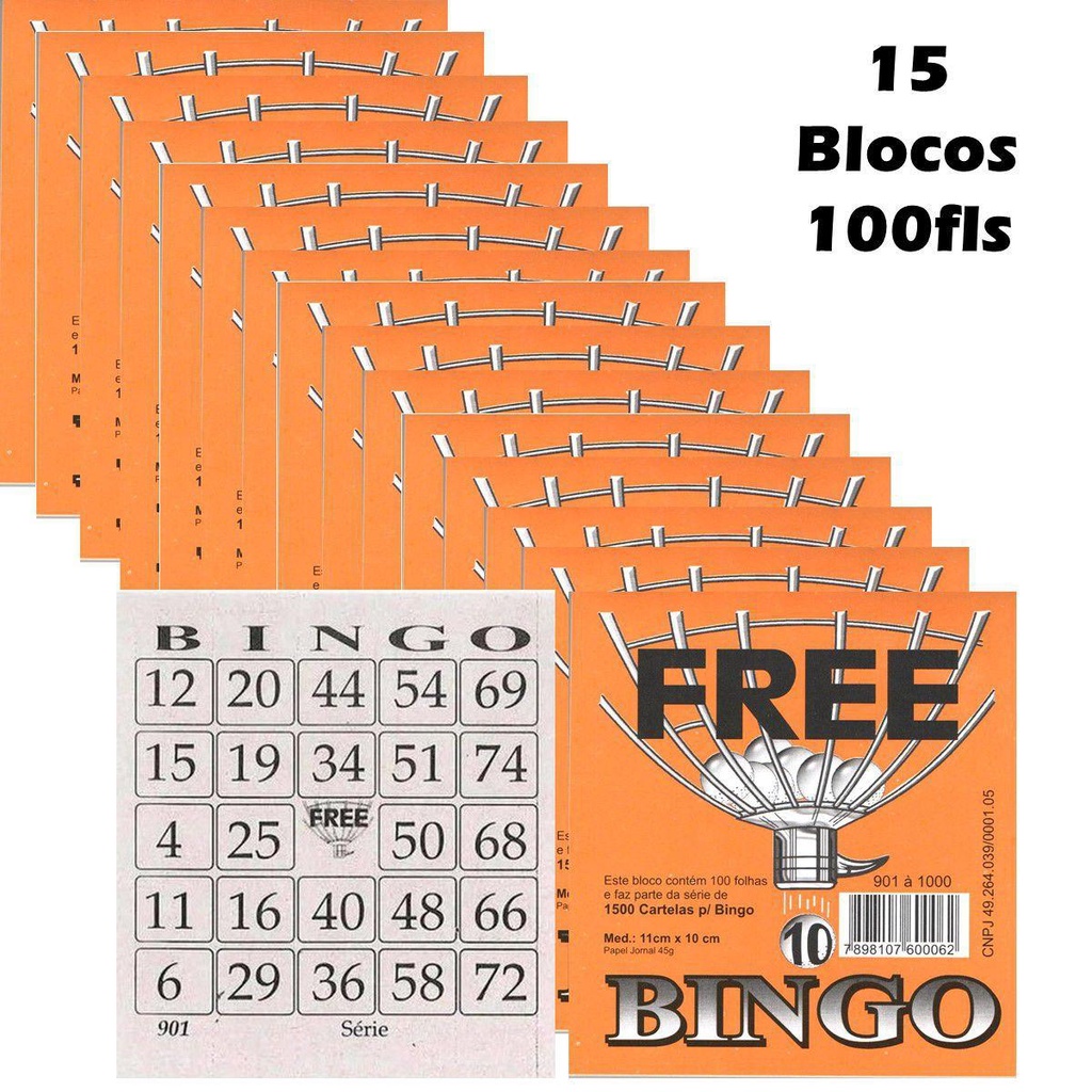 15 - Blocos Cartela Bingo Free - 1500 Folhas - 10x11cm - Cartela