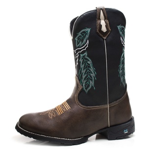 Bota Texana Masculina Country Em Couro Bordado Boi Branco Bico Redondo